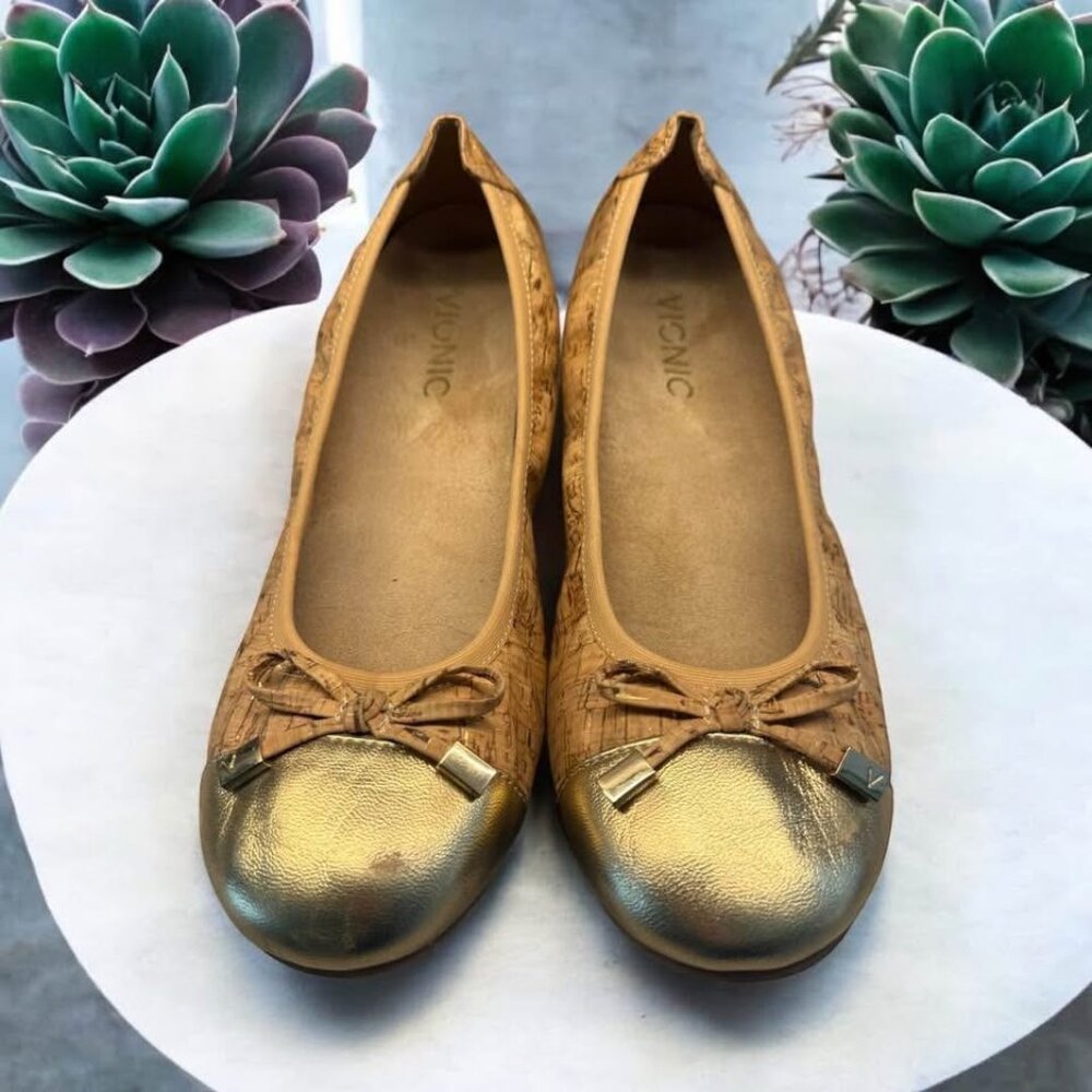 Women’s Vionic Cork & Gold Cap Toe Klara Ballet Flats with Arch Support-Size 7.5